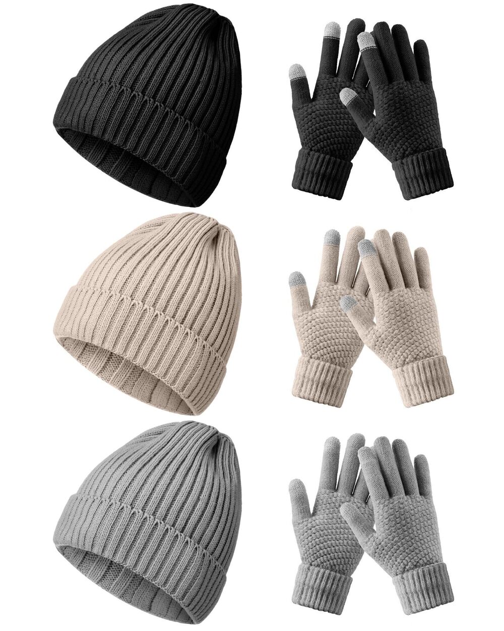 8522 6 Pieces Beanie Winter Hat Gloves Set, Thick Warm Knitted Skull Cap